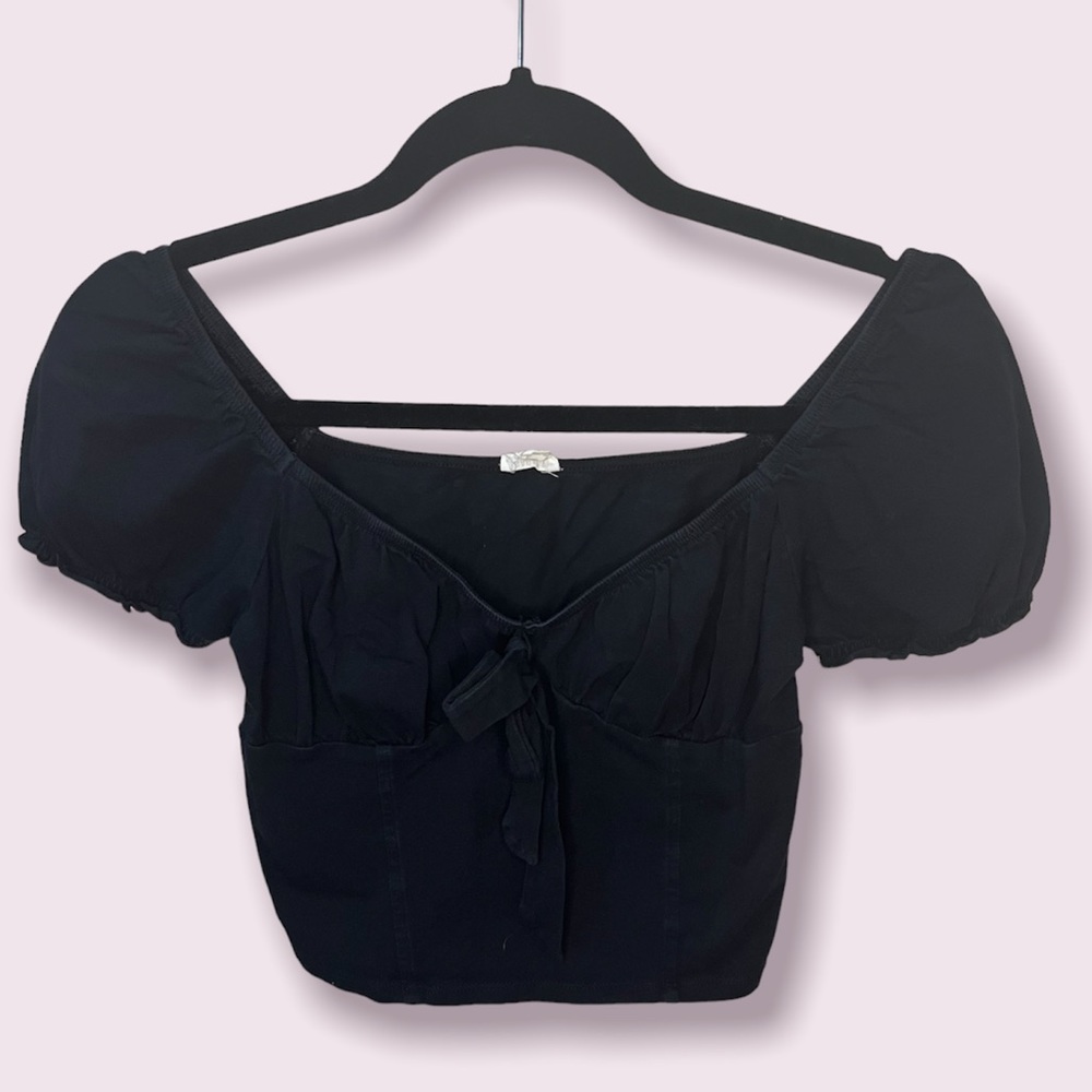 Garage Black Tie Front Top with Puffed Sleeves